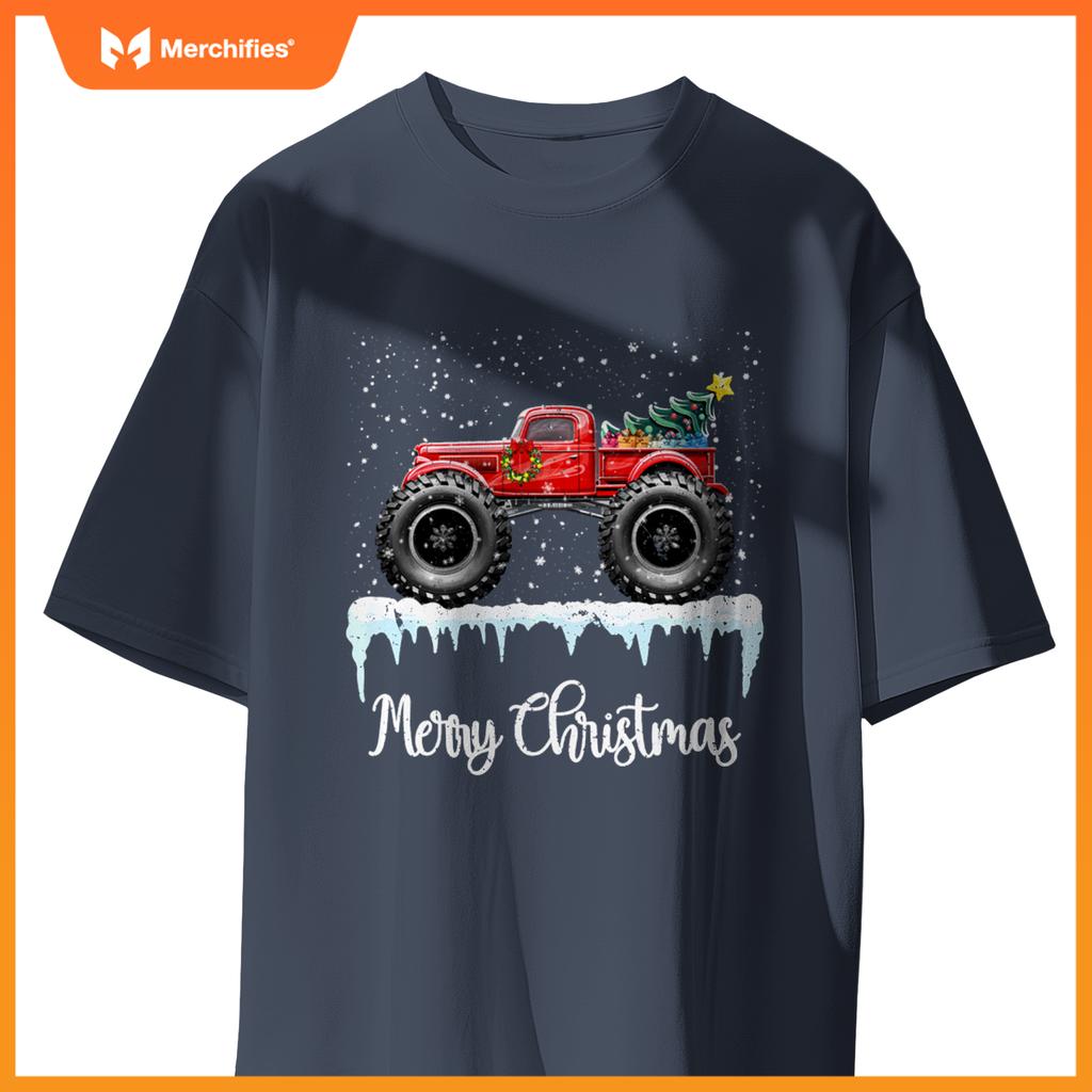 Merry Christmas Red Monster Truck Old Fashioned Xmas T-Shirt