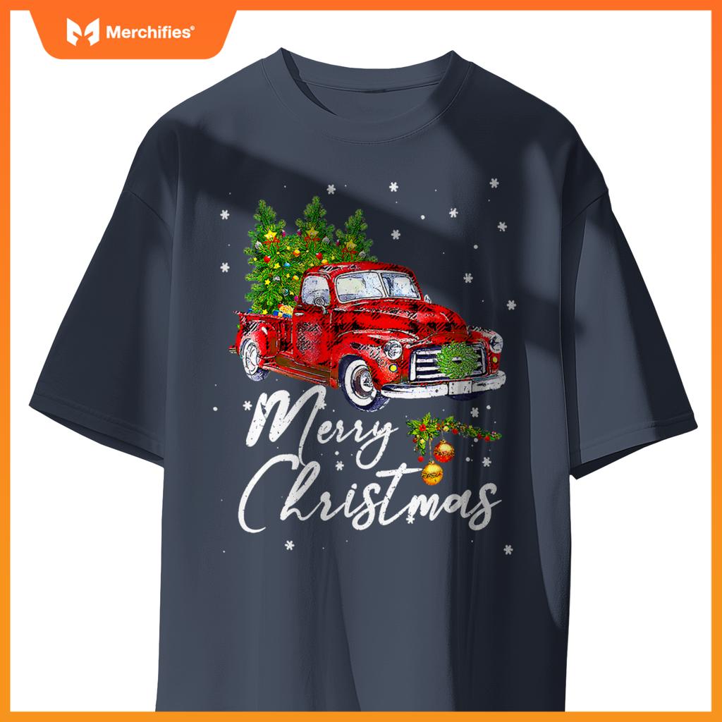 Merry Christmas Wagon Red Truck Pajama Family Party T-Shirt