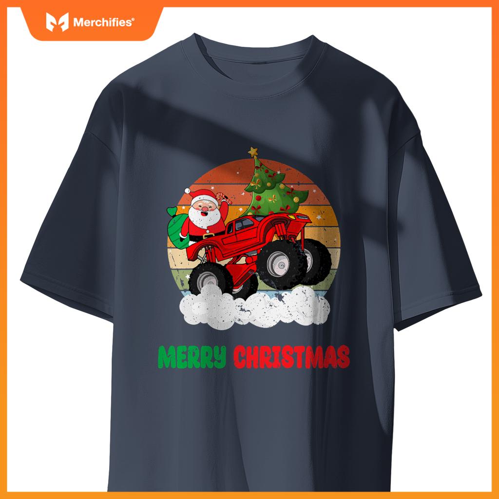 Kids Merry Xmas Santa Monster Truck Christmas Tree Light T-Shirt