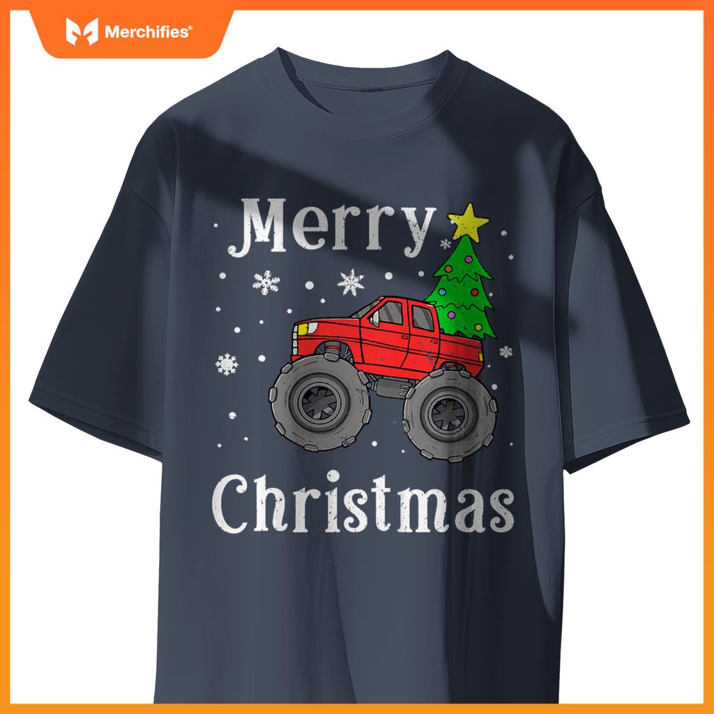 Kids Boys Monster Truck Merry Christmas Tree Snowflakes T-Shirt