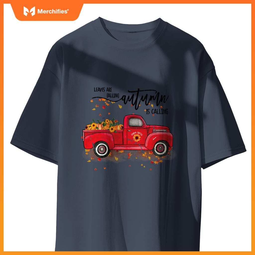 Leaves Are Falling Autumn Is Calling Red Truck Pumpkins T-Shirt