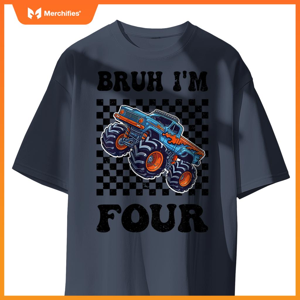 Kids 4 Years Old Boy Girl Bruh Im 4 Birthday Boys Monster Truck T-Shirt