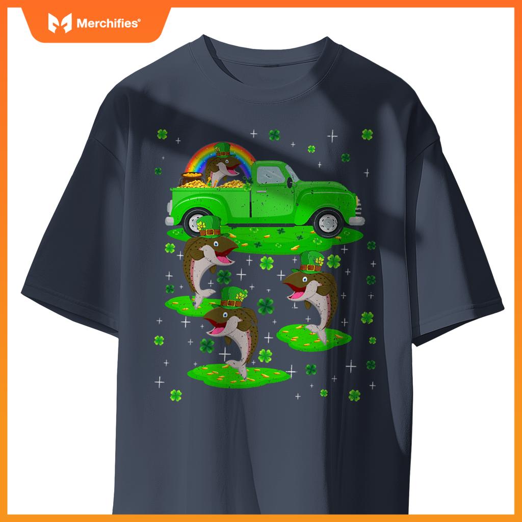 Irish Shamrock Green Truck On Salmon Fish St Patricks Day T-Shirt
