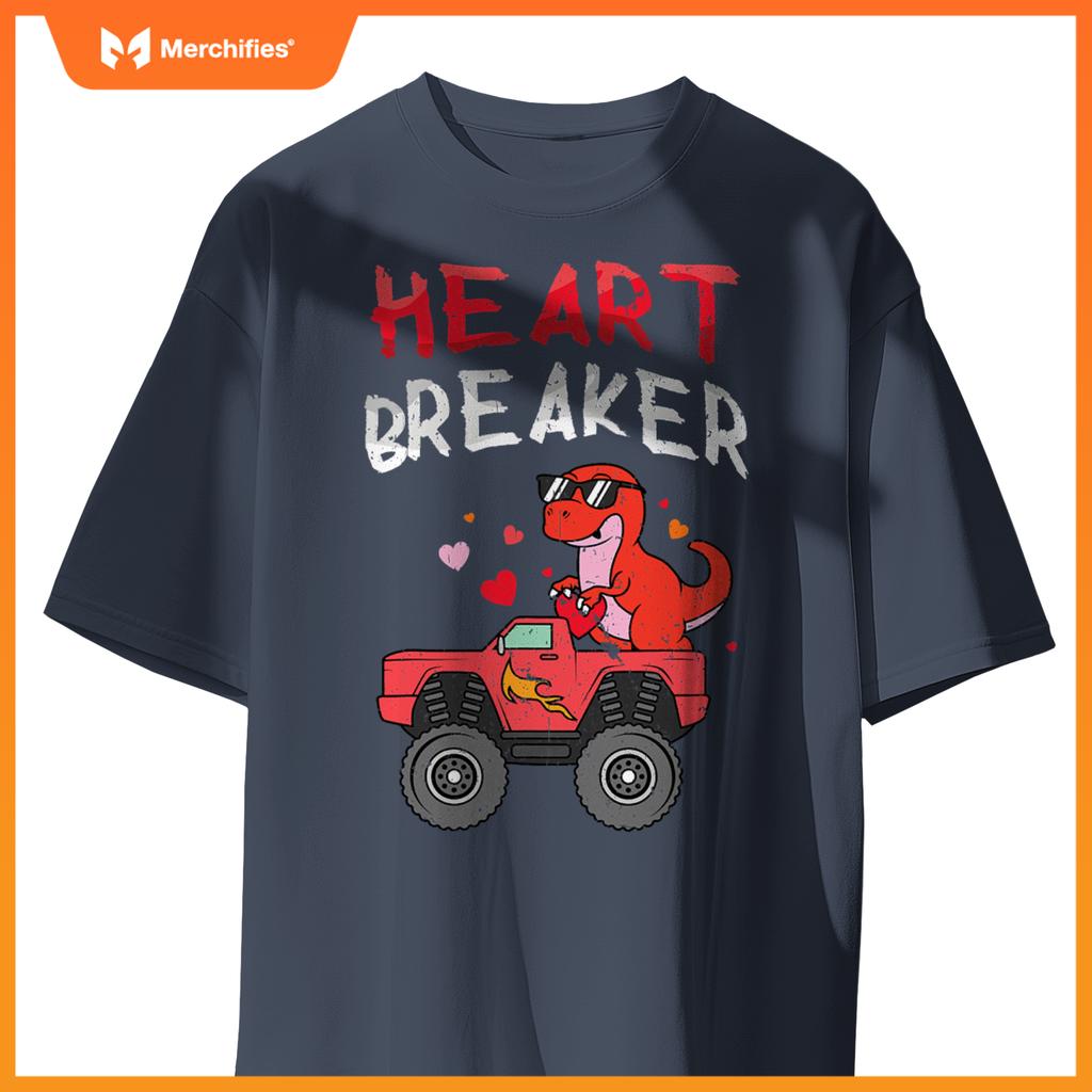 Kids Dinosaur Monster Truck Break Hearts Happy Valentines T-Shirt