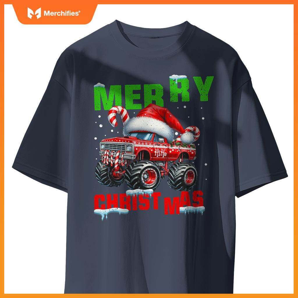 Merry Christmas Monster Truck Xmas Santa Hat Boys Kids T-Shirt