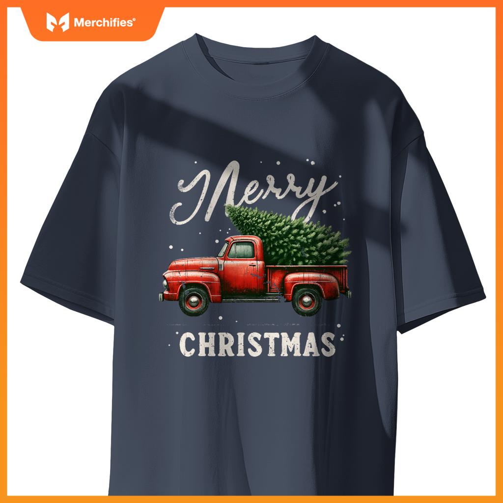 Merry Christmas Tree On Red Truck Wagon Xmas T-Shirt