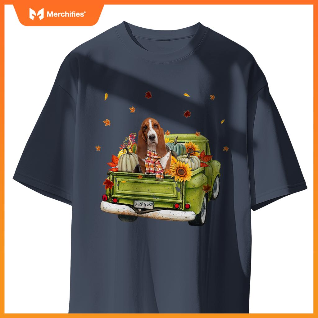 Happy Fall Yall Basset Hound Dog On Truck Pumpkin Fall T-Shirt