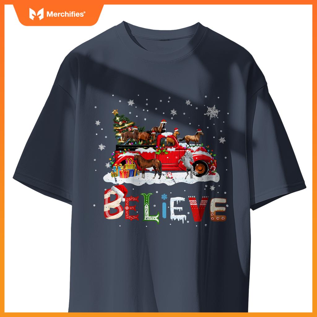Horse Riding Red Truck Christmas Tree Believe Santa Pajama T-Shirt