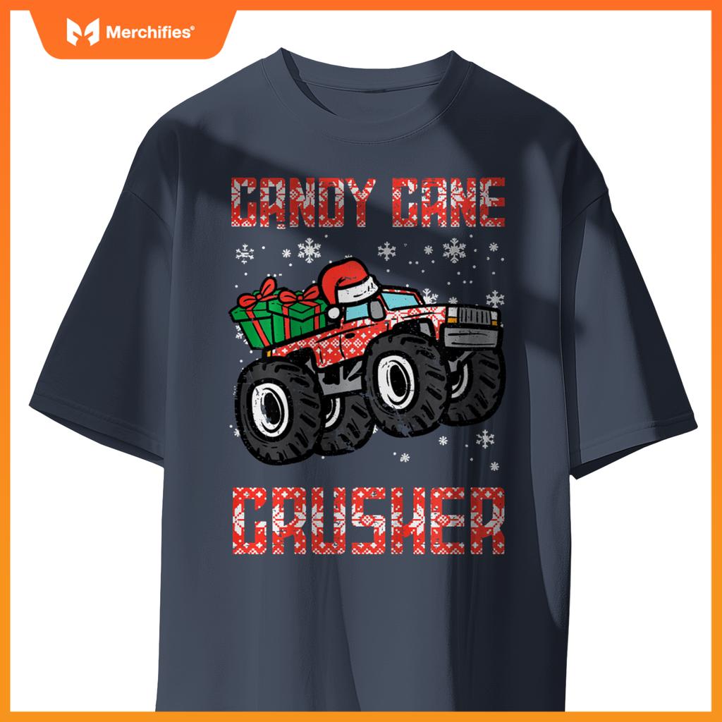 Kids Christmas Candy Cane Crusher Xmas Monster Truck Toddler Boys T-Shirt