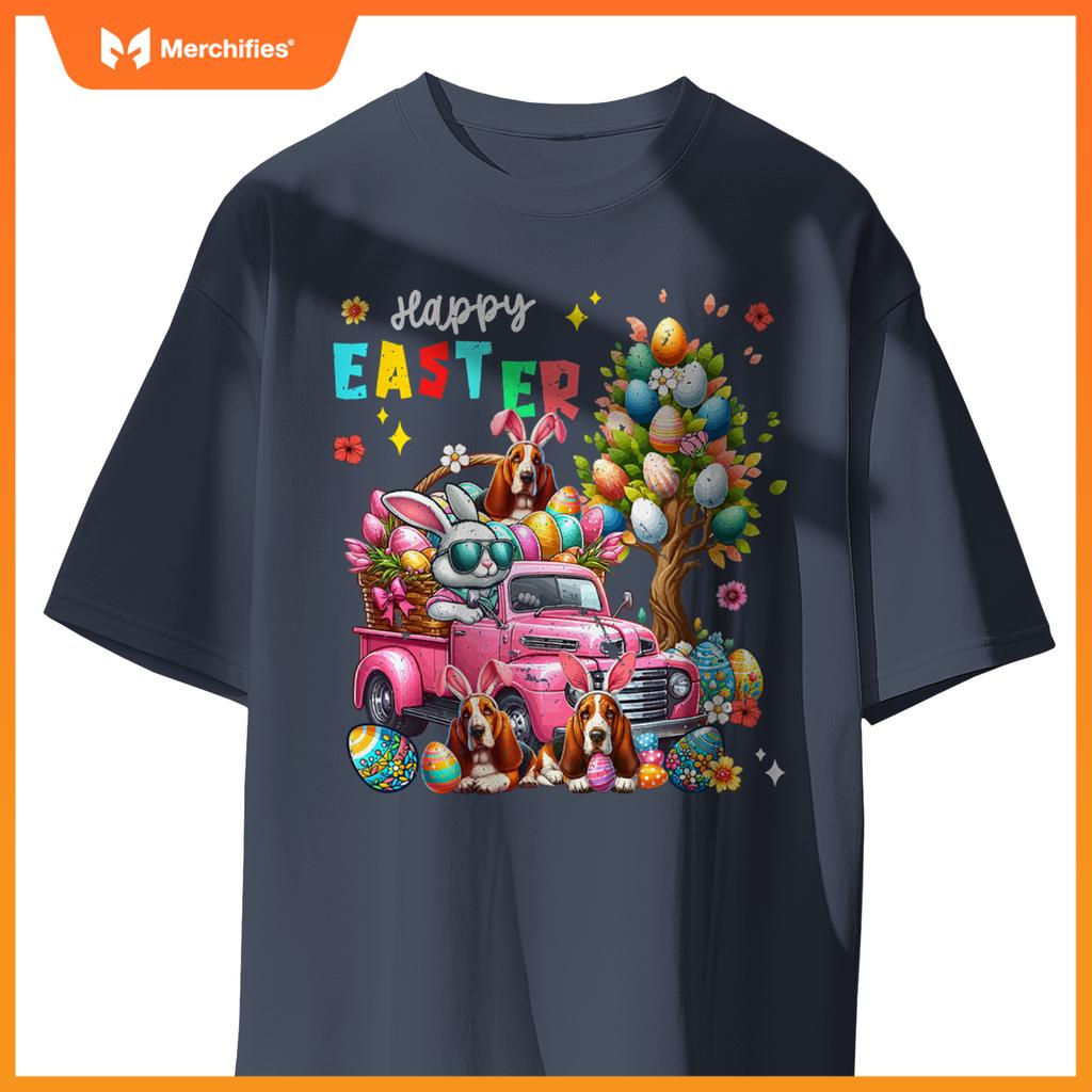 Happy Easter Three Cute Bunny Basset Hounds On Pickup Truck T-Shirt