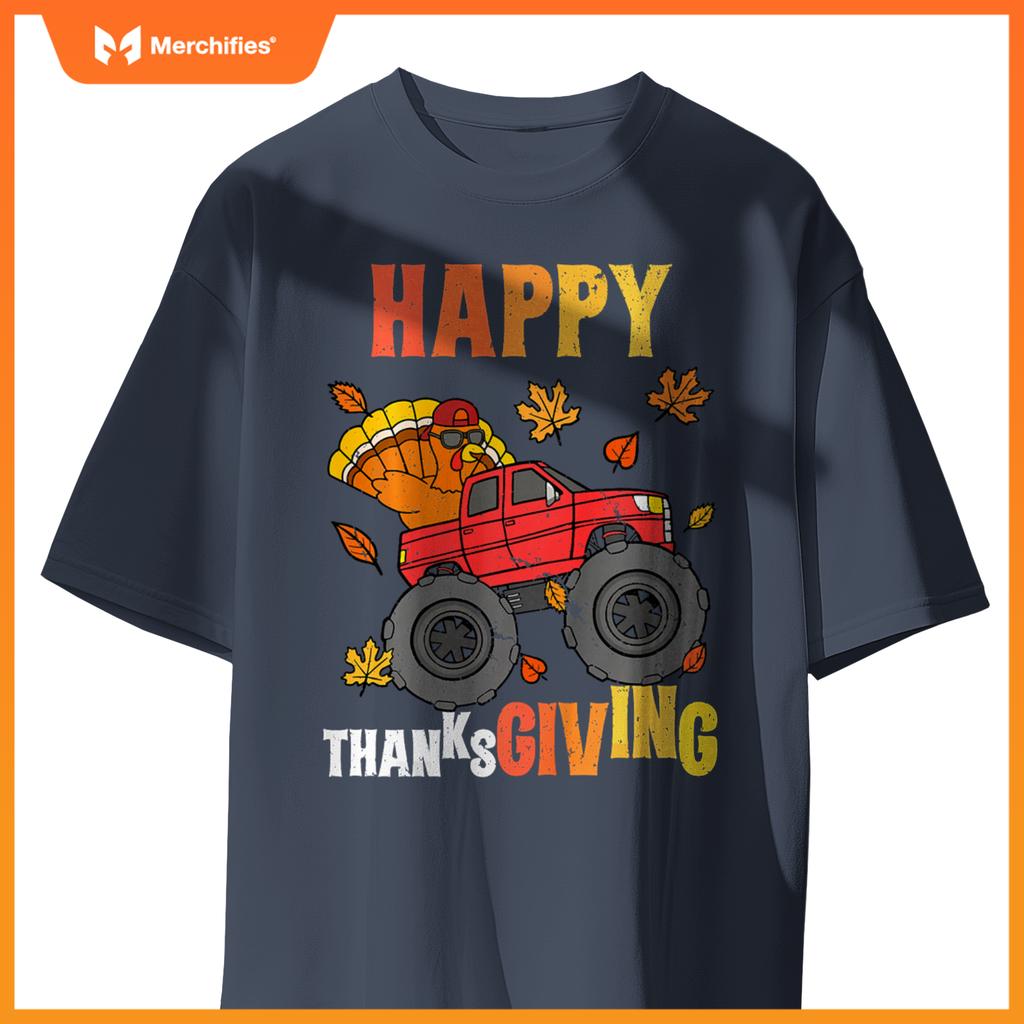 Kids Monster Truck Turkey Happy Thanksgiving Boys Girls T-Shirt