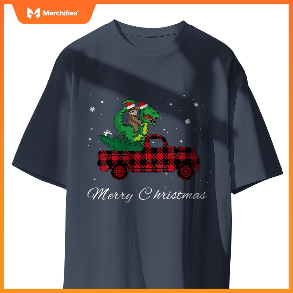 Merry Christmas Red Plaid Truck With Sloth Riding Dinosaur T-Shirt