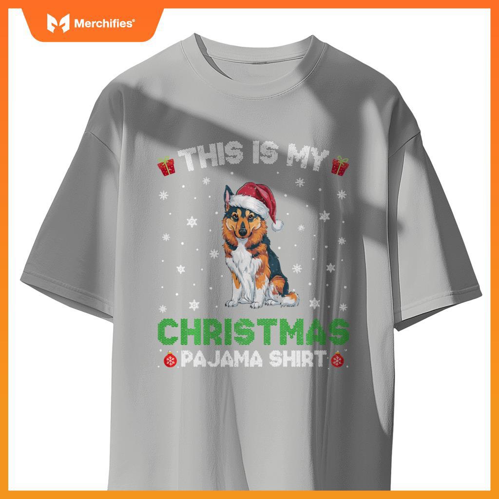 Norwegian Elkhound Dog Wearing Santa Hat Matching Xmas Pj T-Shirt