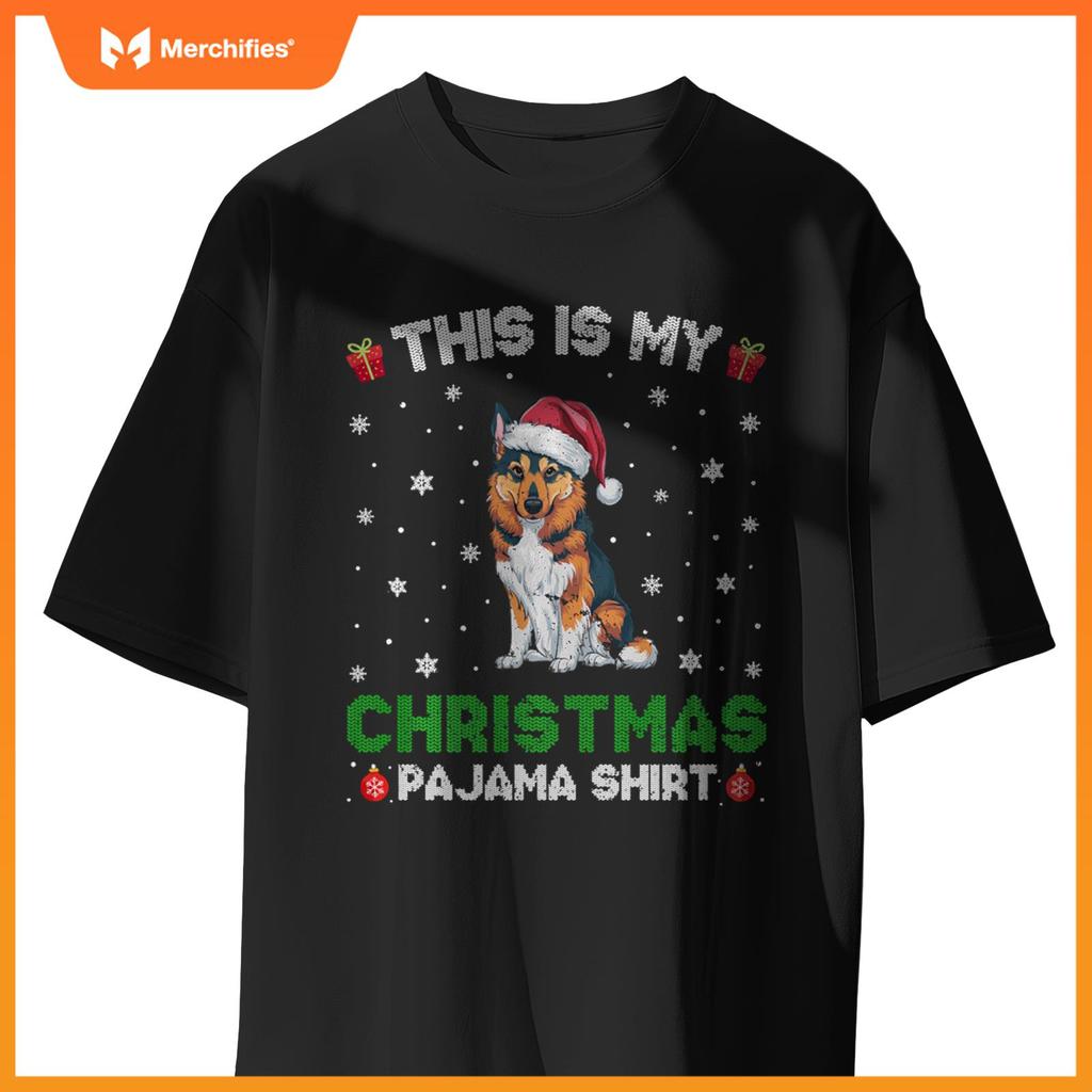 Norwegian Elkhound Dog Wearing Santa Hat Matching Xmas Pj T-Shirt
