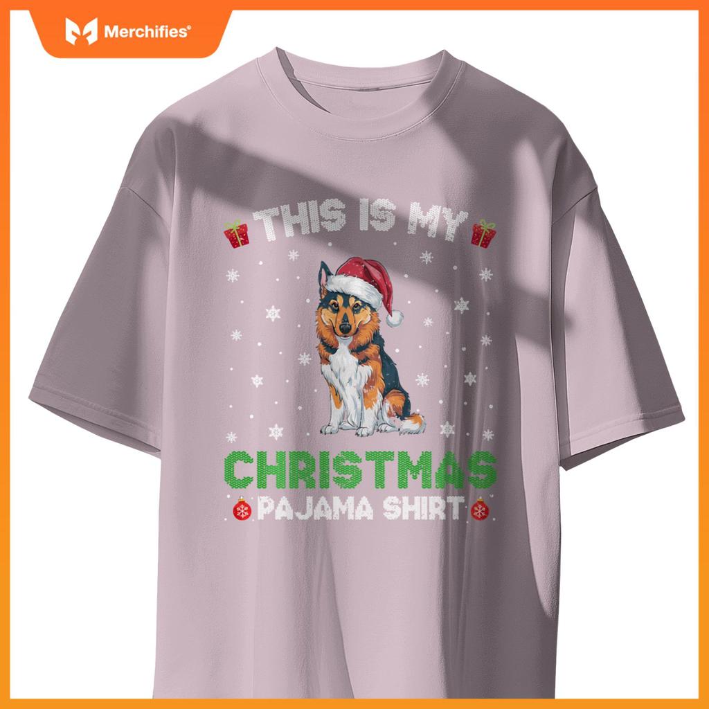 Norwegian Elkhound Dog Wearing Santa Hat Matching Xmas Pj T-Shirt