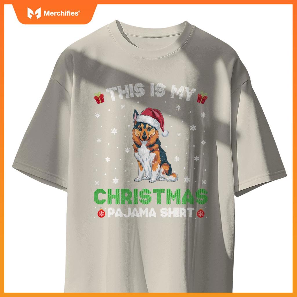 Norwegian Elkhound Dog Wearing Santa Hat Matching Xmas Pj T-Shirt
