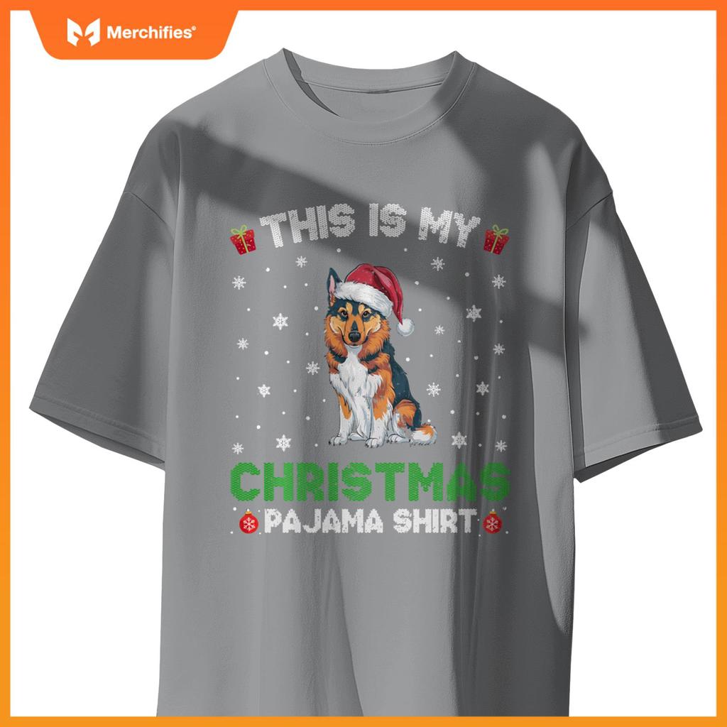 Norwegian Elkhound Dog Wearing Santa Hat Matching Xmas Pj T-Shirt