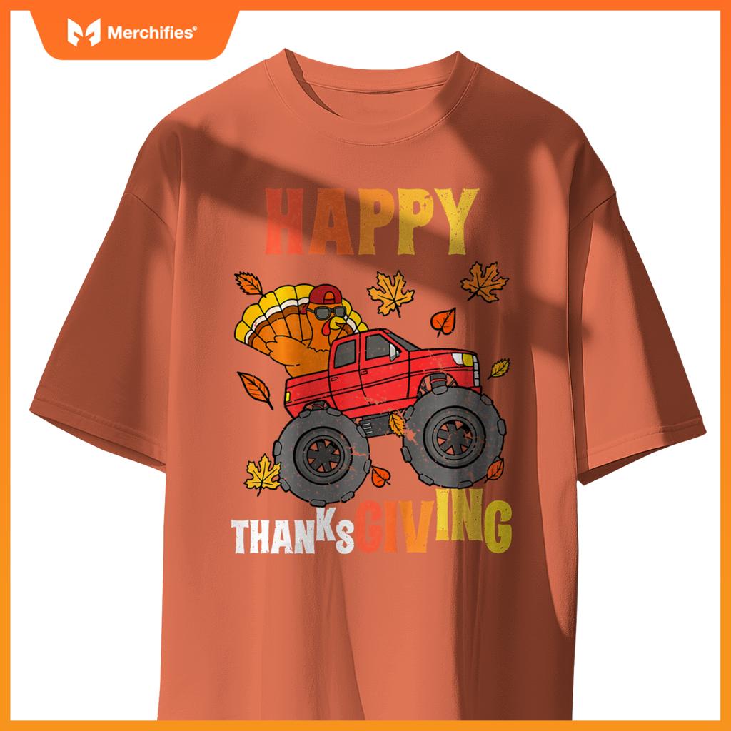 Kids Monster Truck Turkey Happy Thanksgiving Boys Girls T-Shirt