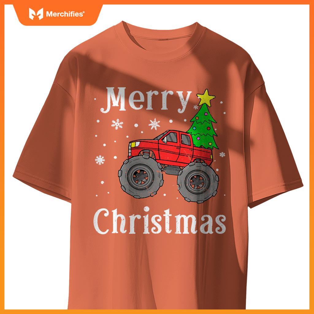 Kids Boys Monster Truck Merry Christmas Tree Snowflakes T-Shirt