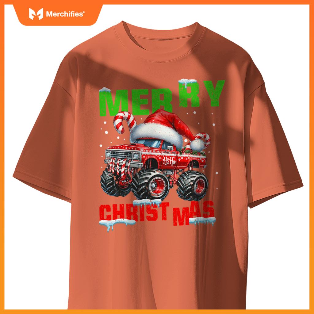 Merry Christmas Monster Truck Xmas Santa Hat Boys Kids T-Shirt