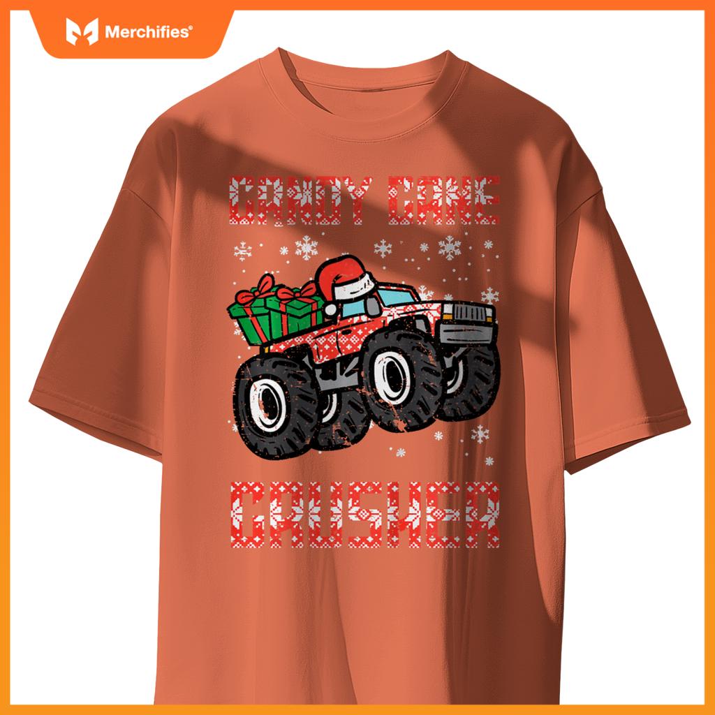 Kids Christmas Candy Cane Crusher Xmas Monster Truck Toddler Boys T-Shirt