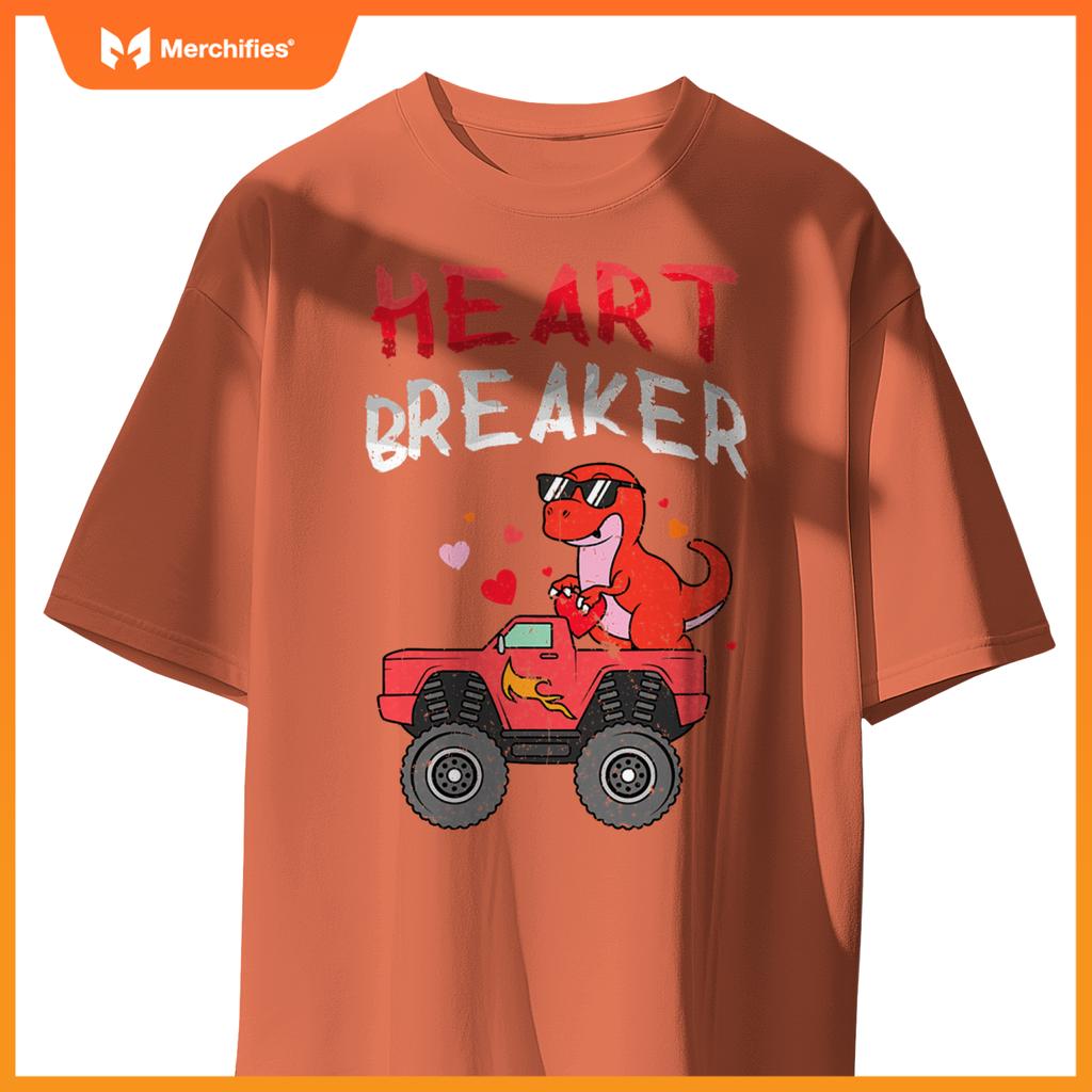 Kids Dinosaur Monster Truck Break Hearts Happy Valentines T-Shirt