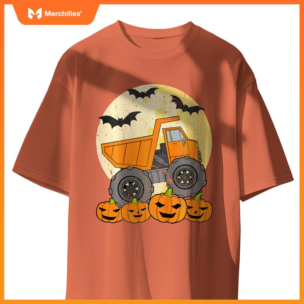 Kids Construction Monster Truck Halloween Pumpkins Toddler Boys T-Shirt