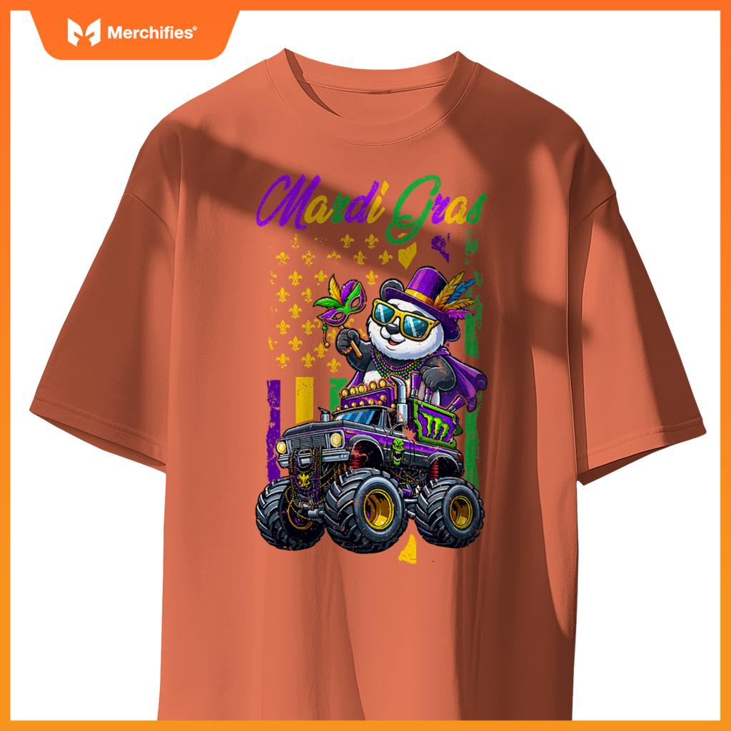 Mardi Gras Panda Sunglasses On Monster Truck Beads Masked T-Shirt