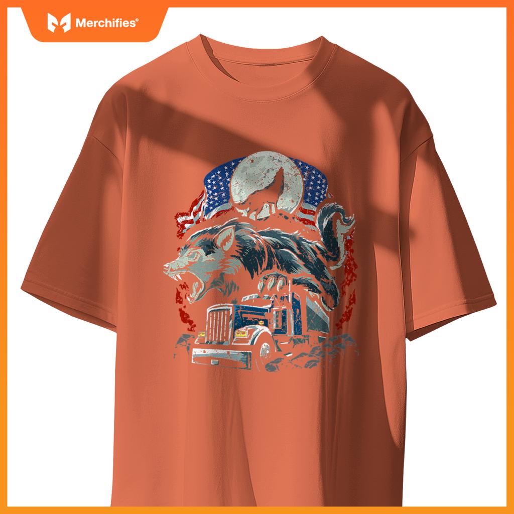 Mens Usa Flag Truck Howling Wolf American Patriotic Trucker T-Shirt
