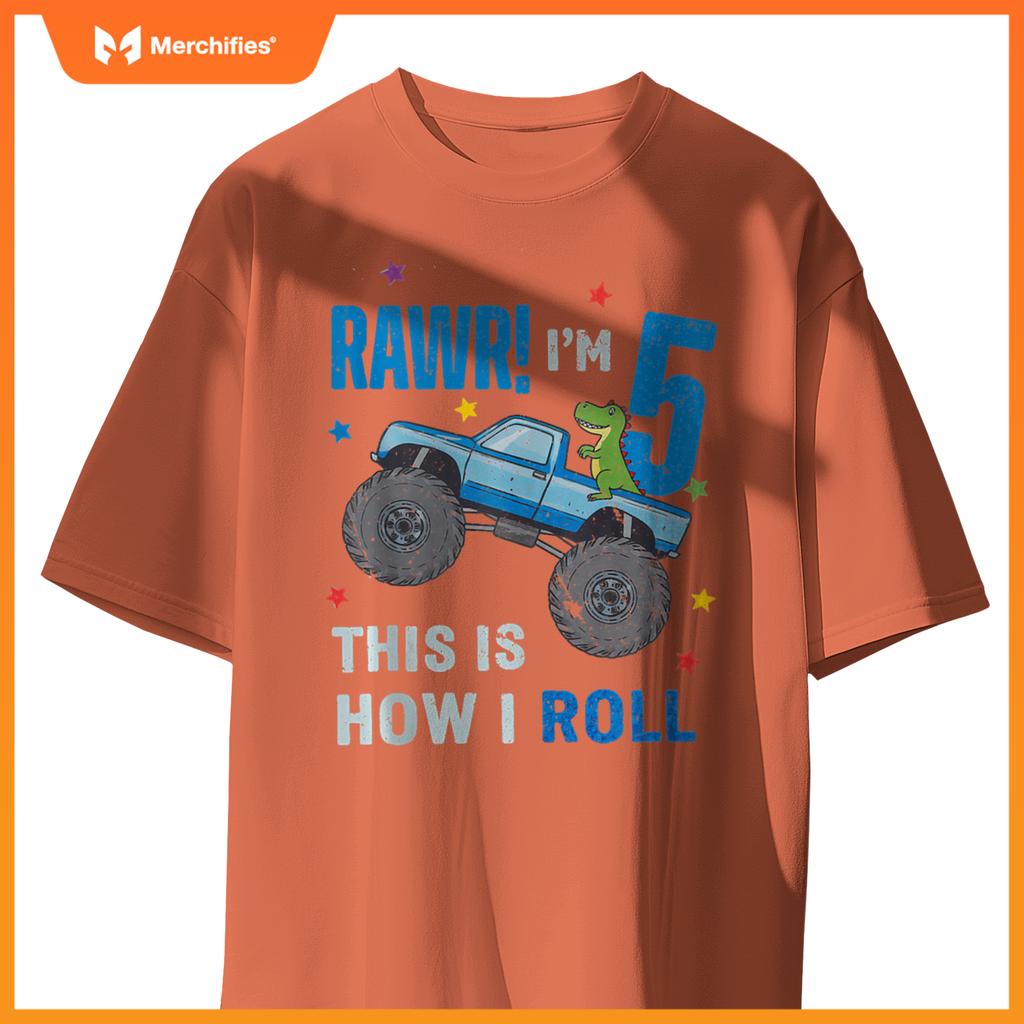 Monster Truck 5 Year Old 5th Birthday Party Trex Dinosaur T-Shirt