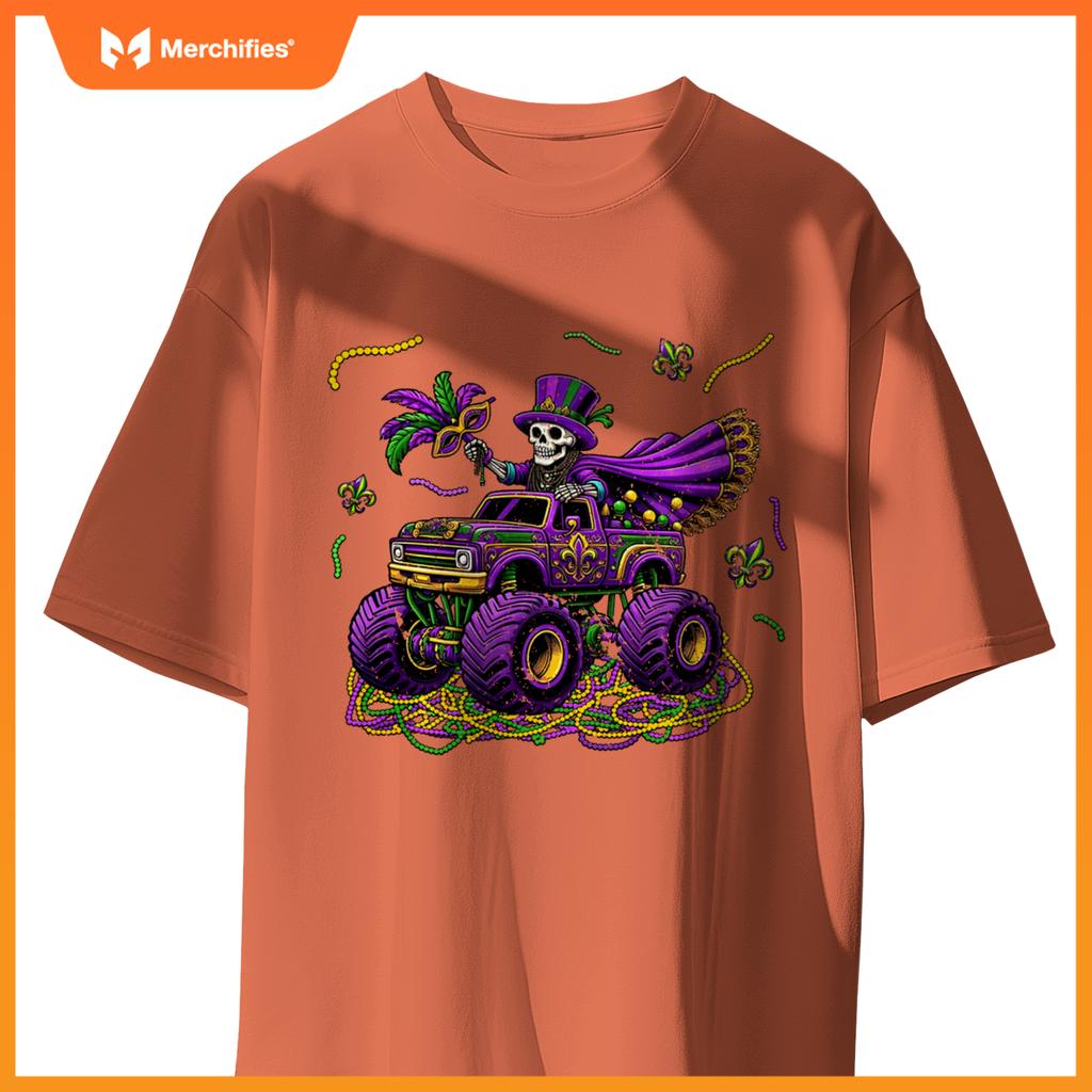 Mardi Gras Monstser Truck Skeleton Beads Mask Carnival T-Shirt