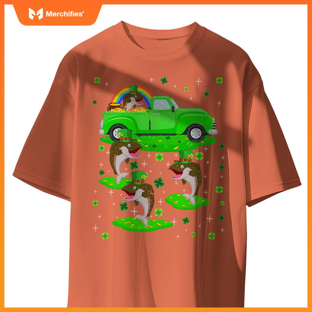 Irish Shamrock Green Truck On Salmon Fish St Patricks Day T-Shirt