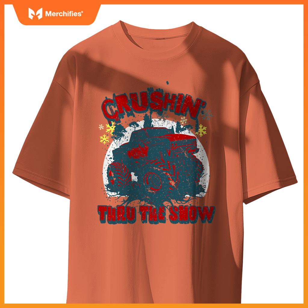 Monster Truck Crushin Thru Snow Winter Boys Man T-Shirt