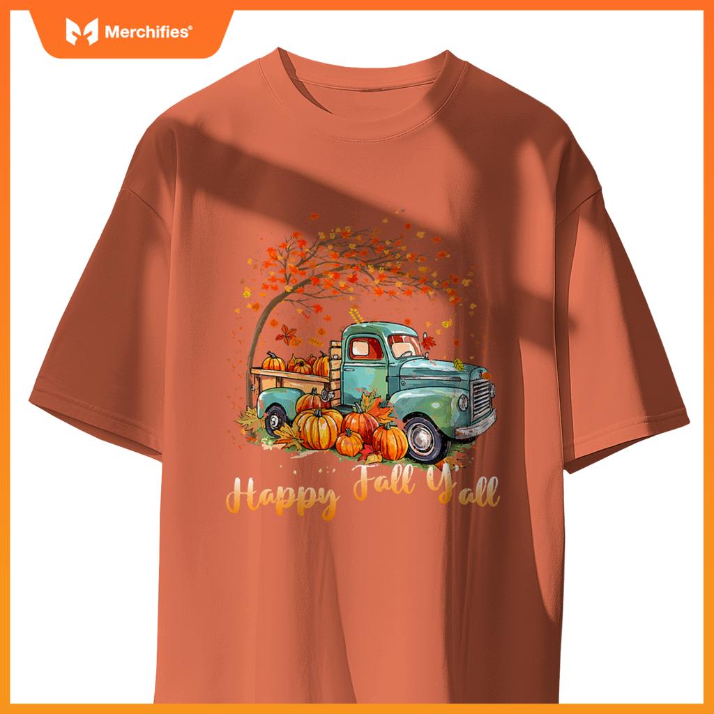 Happy Fall Y'all Pumpkin Truck Autumn Tree Fall Thanksgiving T-Shirt