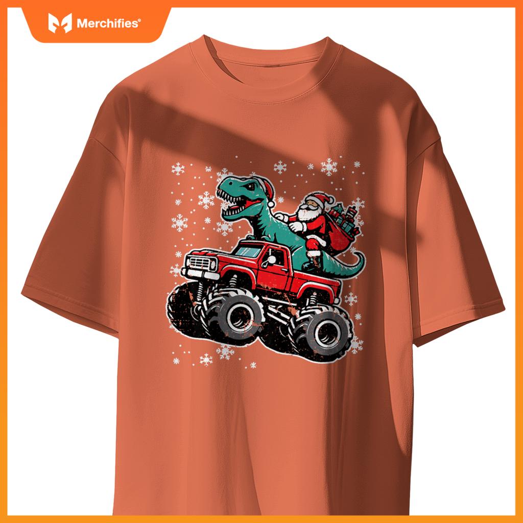 Kids Christmas Monster Truck Dino Santa Xmas Toddler Boys Kids T-Shirt