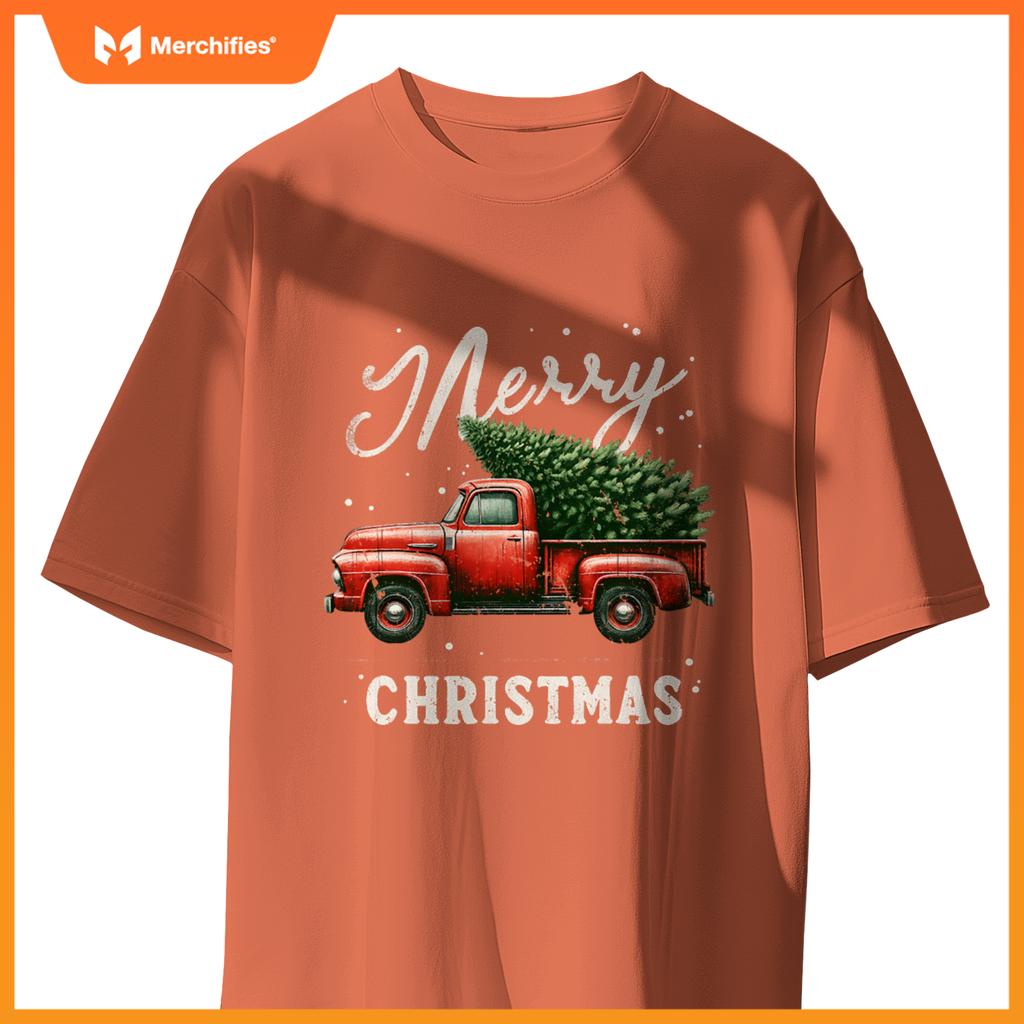 Merry Christmas Tree On Red Truck Wagon Xmas T-Shirt