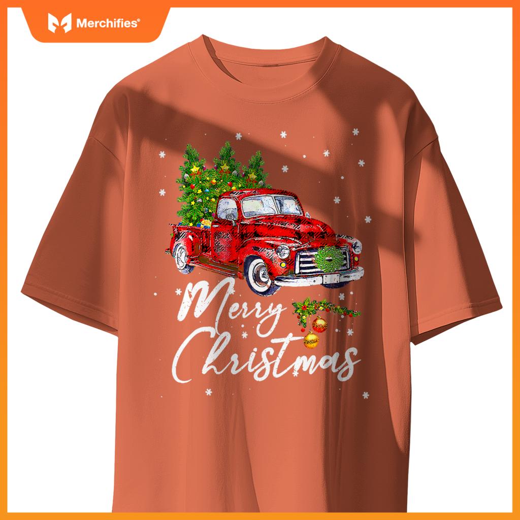 Merry Christmas Wagon Red Truck Pajama Family Party T-Shirt