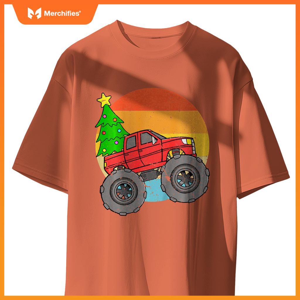 Kids Vintage Sunset Christmas Tree Monster Truck Retro Boys Girls T-Shirt
