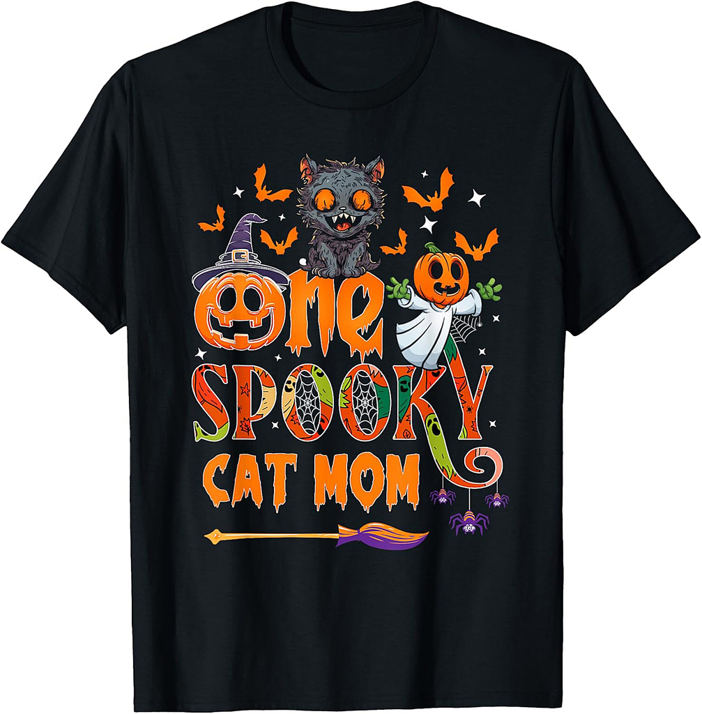 One spooky Cat Mom funny Halloween Cat Mom Black cat ghost T-Shirt for Men Women Kids