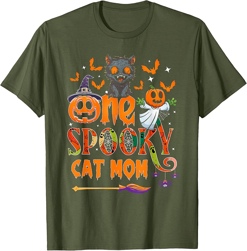 One spooky Cat Mom funny Halloween Cat Mom Black cat ghost T-Shirt for Men Women Kids