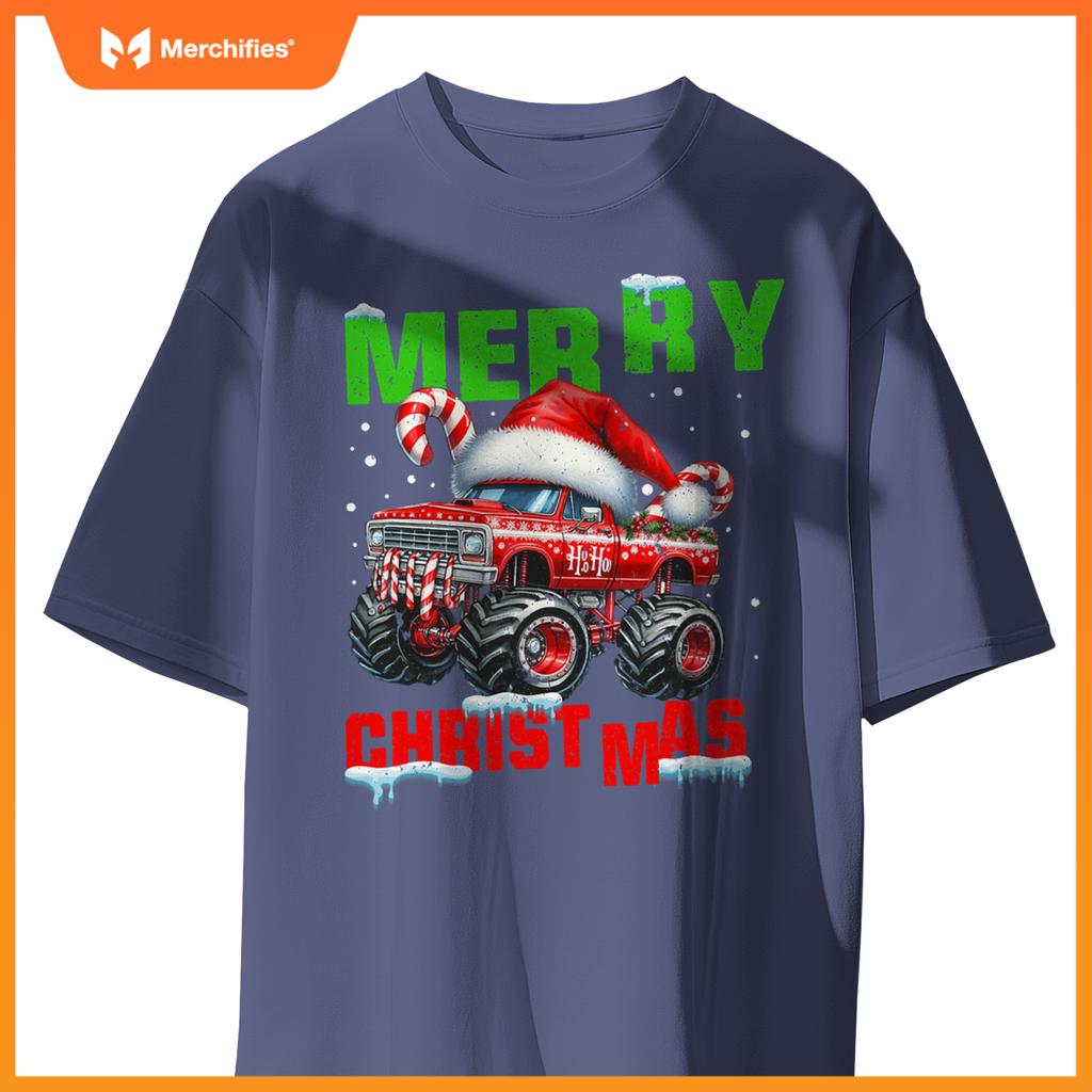 Merry Christmas Monster Truck Xmas Santa Hat Boys Kids T-Shirt