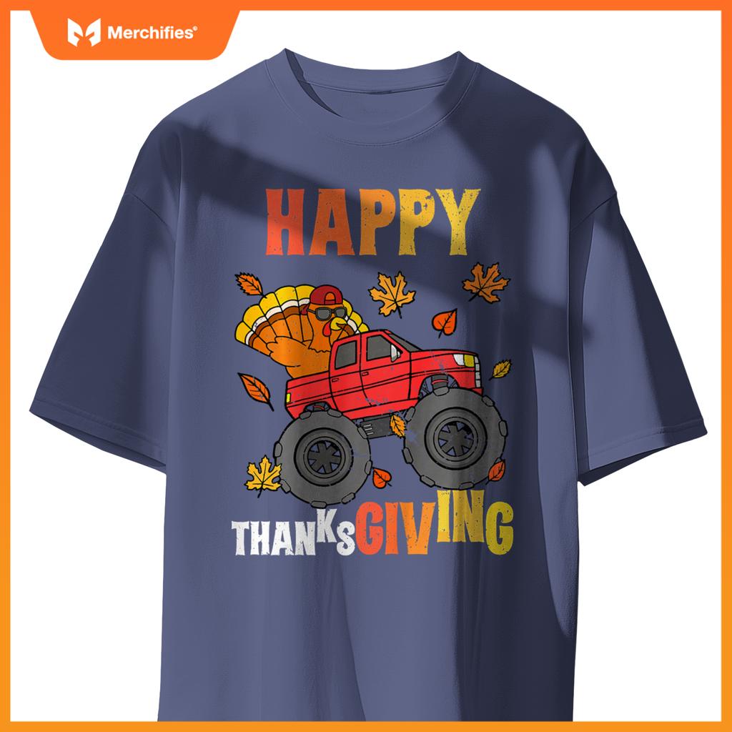 Kids Monster Truck Turkey Happy Thanksgiving Boys Girls T-Shirt