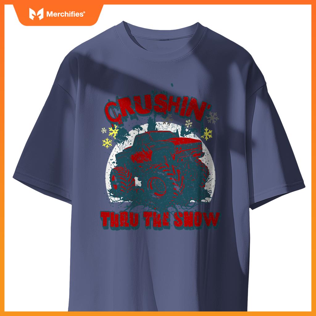 Monster Truck Crushin Thru Snow Winter Boys Man T-Shirt