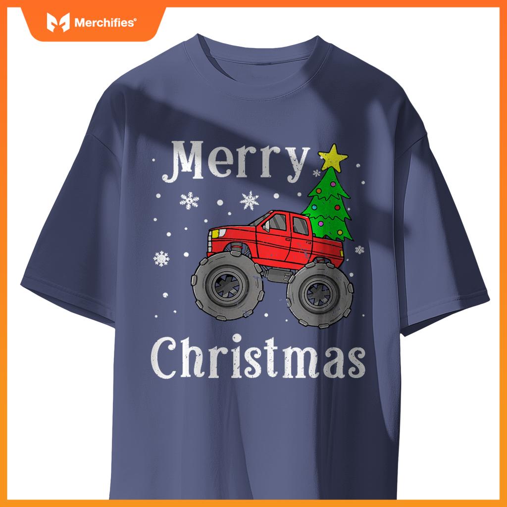Kids Boys Monster Truck Merry Christmas Tree Snowflakes T-Shirt