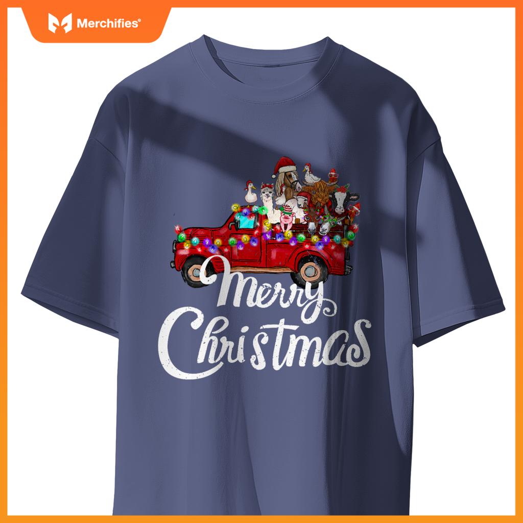 Merry Christmas Cute Christmas Farm Animal Truck T-Shirt
