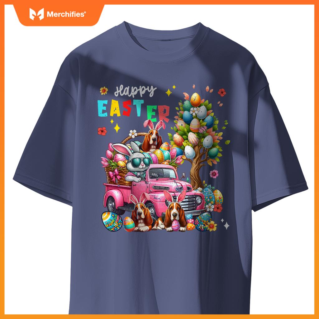 Happy Easter Three Cute Bunny Basset Hounds On Pickup Truck T-Shirt