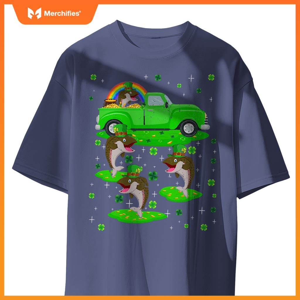 Irish Shamrock Green Truck On Salmon Fish St Patricks Day T-Shirt