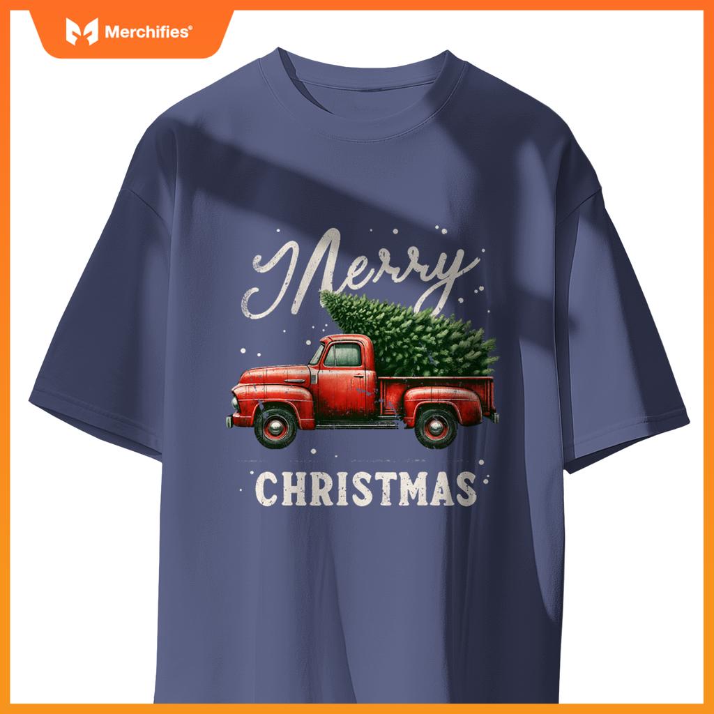 Merry Christmas Tree On Red Truck Wagon Xmas T-Shirt