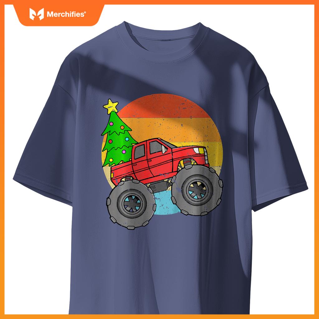 Kids Vintage Sunset Christmas Tree Monster Truck Retro Boys Girls T-Shirt