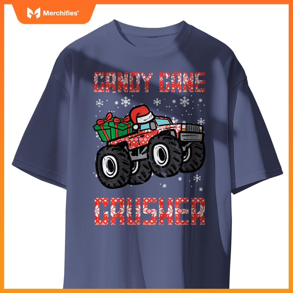 Kids Christmas Candy Cane Crusher Xmas Monster Truck Toddler Boys T-Shirt